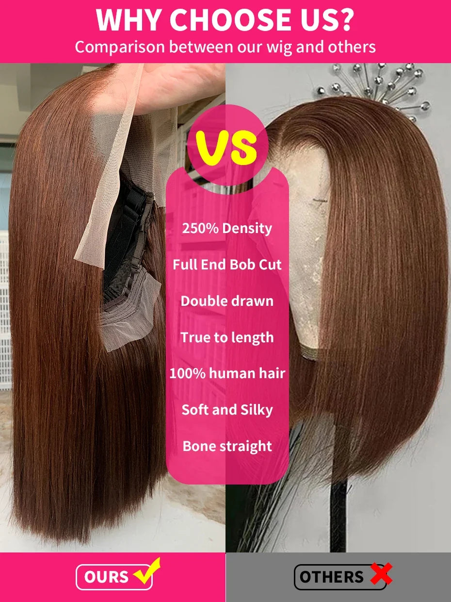 #2 Brown Chocolate Color 250 Density Lace Frontal Wig Human Hair Raw Vietnamese Double Drawn 13x4 Bob Lace Front Human Hair Wigs